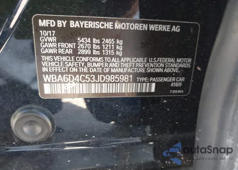 2018 BMW 650I Gran Coupe из США, поврежденный, VIN WBA6D4C53JD985981